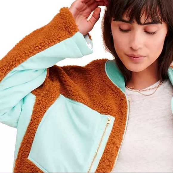 $168 Free People Teddy Bear Jacket Medium 8 10 Amber + Blue Blade Collar Pockets - Picture 3 of 16